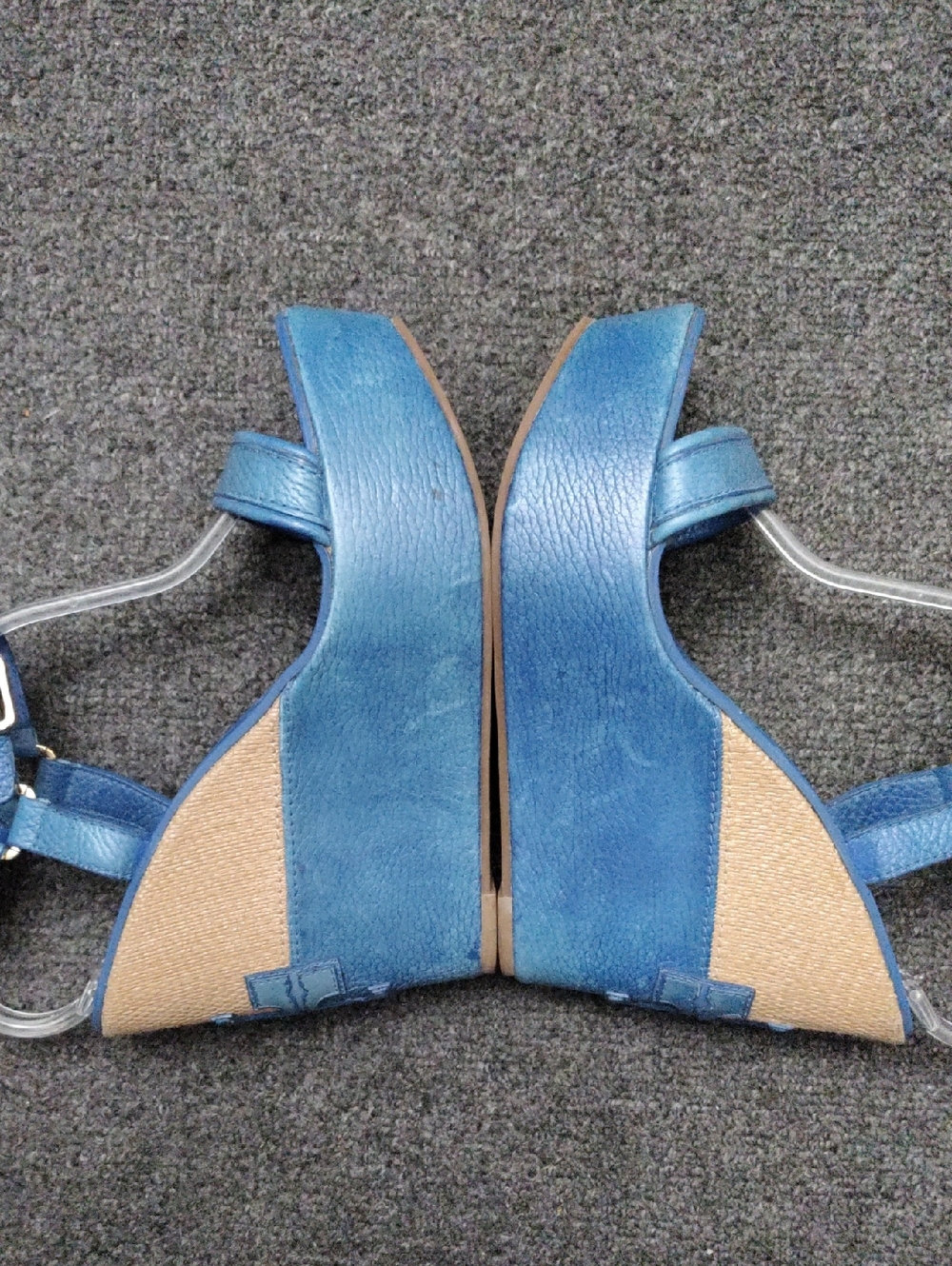 Tory Burch Blue Leather Wedge Sandals with Natural Raffia Accent - Picture 6 of 10